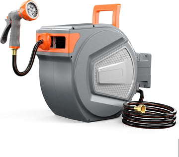 Garden Hose Reel, 1/2" x 65 ft Retractable Heavy Duty Water Hose | Automatic Wall Mounted, 9 Pattern Hose Nozzle