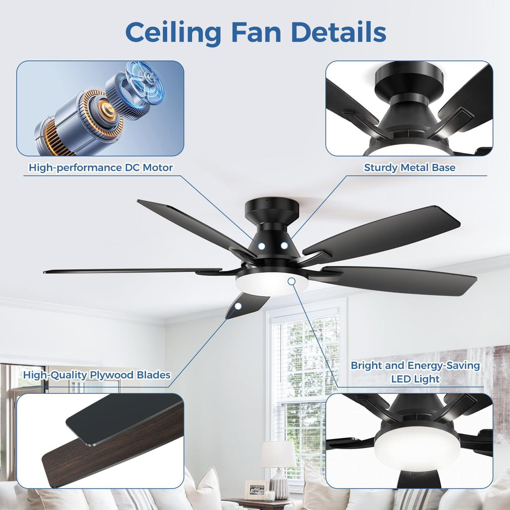 52 Inch Ceiling Fans with Lights, Remote & App Control, Quiet Reversible DC Motor, 6 Speeds, Dimmable 3CCT LED Light