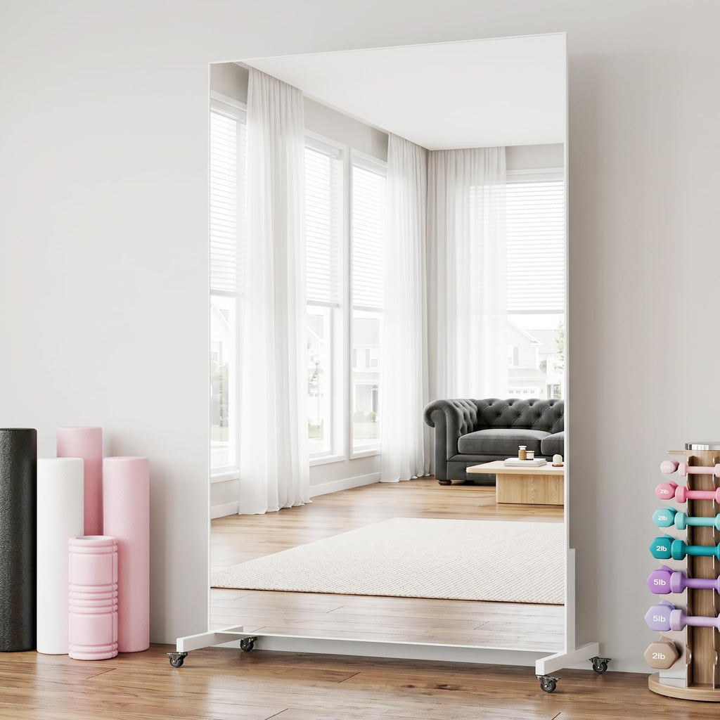 72"x40" Full Length Mirror with Wheels for Yoga, Dance, Gym, White