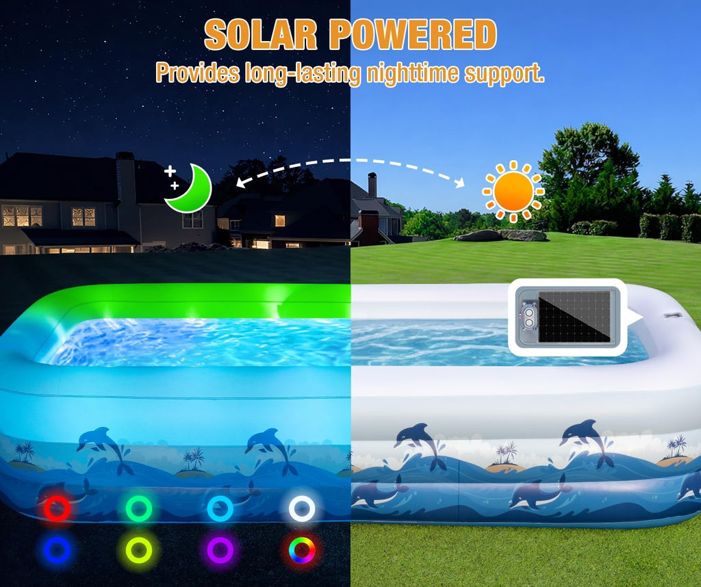 Extra Large Inflatable Pool with Lights - 145" x 74" x 22" Swimming Pool for Adults with Solar Powered, Blow Up Pool