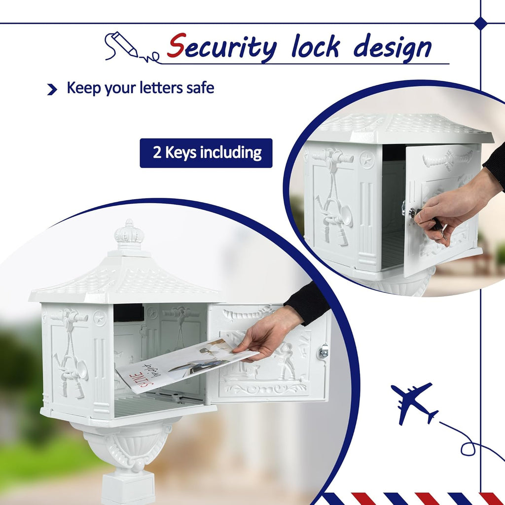 Cast Aluminum Mailbox, White Lockable Postal Box with Keys, Heavy Duty Vertical Letter Box Yard