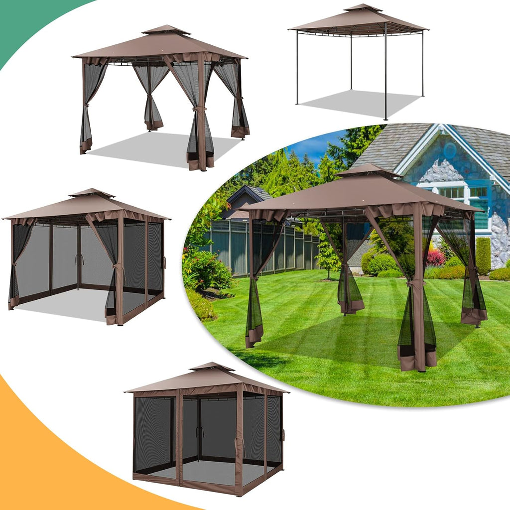 Outdoor Gazebo 10x10 Gazebos on Clearance with Netting, Waterproof Canopy Tent with Heavy Duty Party Tent Steel Frame