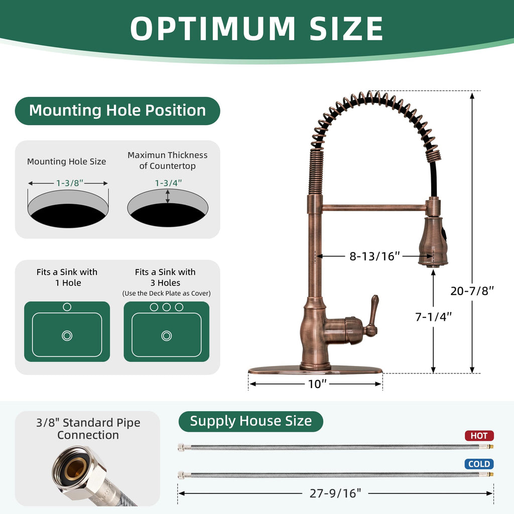 Antique Copper Pre-Rinse Spring Kitchen Faucet, Single Level Solid Brass Kitchen Sink Faucets with Pull Down Sprayer
