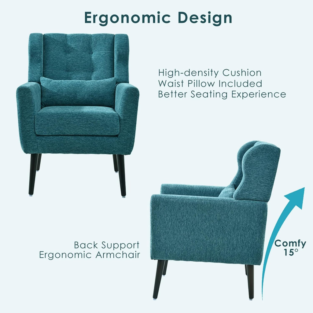 Modern Accent Chair Chenille Armchair with Pillow, Upholstered Arm Chairs with Solid Wood Legs, Soft Padded Lounge