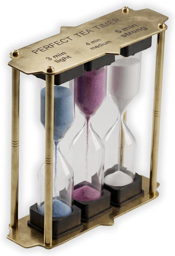 Sand Timer Hourglass Set with Blue Purple White Sand, Brass-Tone Metal Frame, Multiple Timing Options, 4.6 Inch - Set of 3