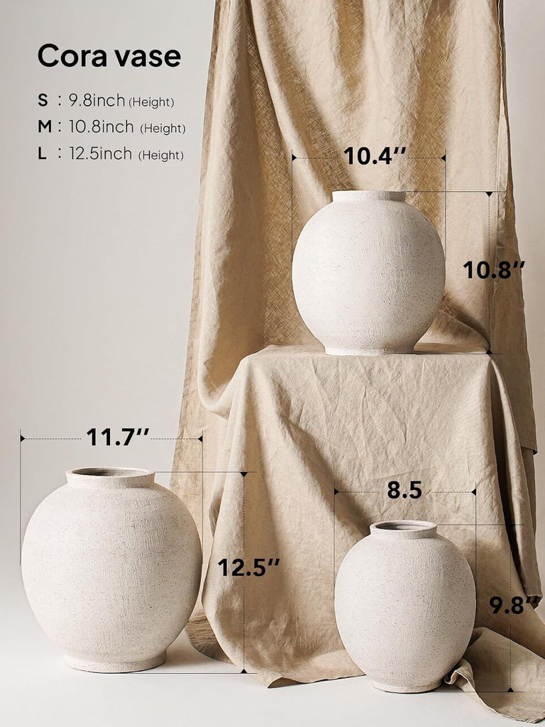 Large White Ceramic Vase - 9.8 Inch Rustic Farmhouse Flower Vase