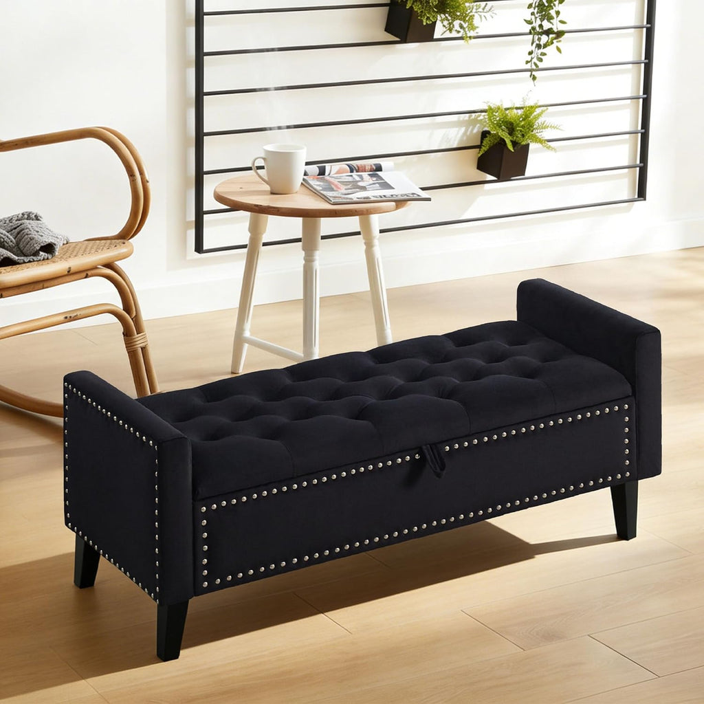 47in Velvet Storage Ottoman Bench with Arms, Upholstered Storage Bench with Wooden Legs, Storage Bench , Black