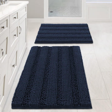 Navy Blue Bathroom Rugs 2 Piece, Bath Mat Set Slip-Resistant Extra Absorbent Soft and Fluffy Striped Chenille Bath