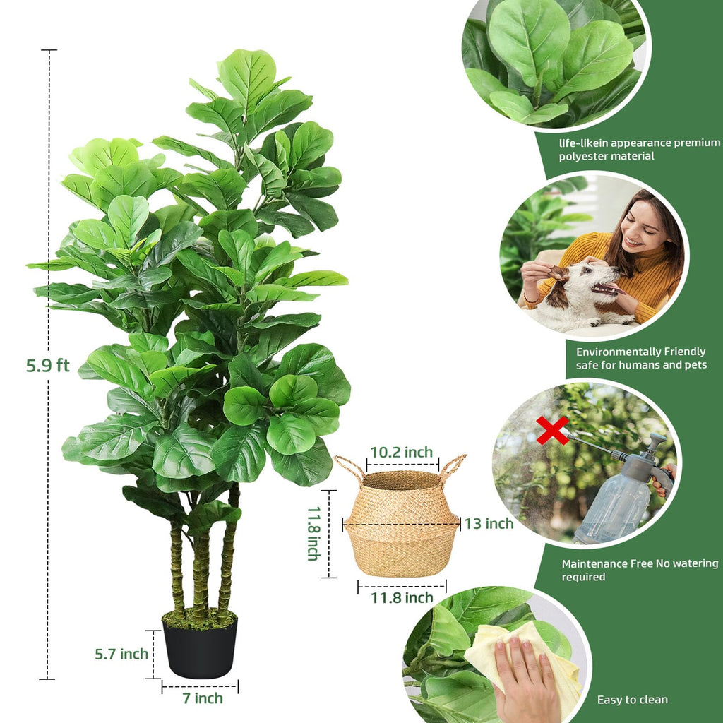 Artificial Fiddle Leaf Fig Tree, 6 FT Tall Artificial Tree with Woven Seagrass Plant Basket Fake Floor Plant in Pot