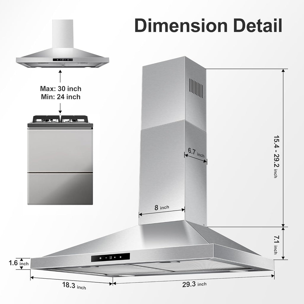 30 Inch Stainless Steel Wall Mount Range Hood 450 CFM 3 Speed Touch Control, LED Lights, Aluminum Filters, Convertible Ducted/Ductless