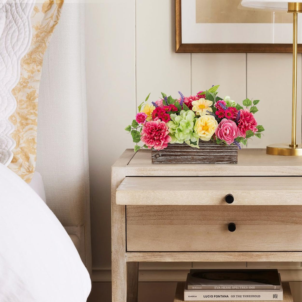 Spring Faux Floral Table Centerpiece with Rustic Wooden Planter Box, Artificial Flower Arrangement with Silk Dahlias