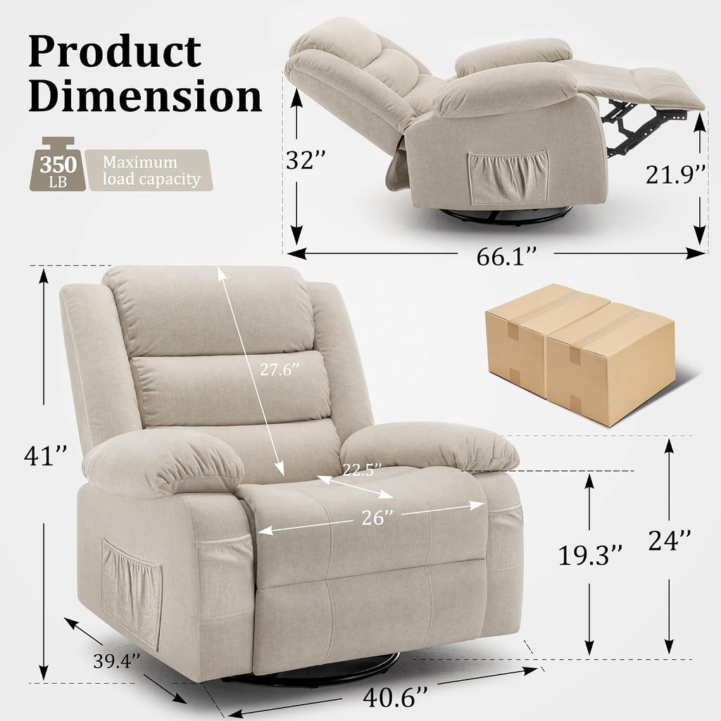 Oversized Recliner Chair, Extra Wide Rocking Chair with Massage and Heat, 360° Swivel Rocker Recliner for Adults