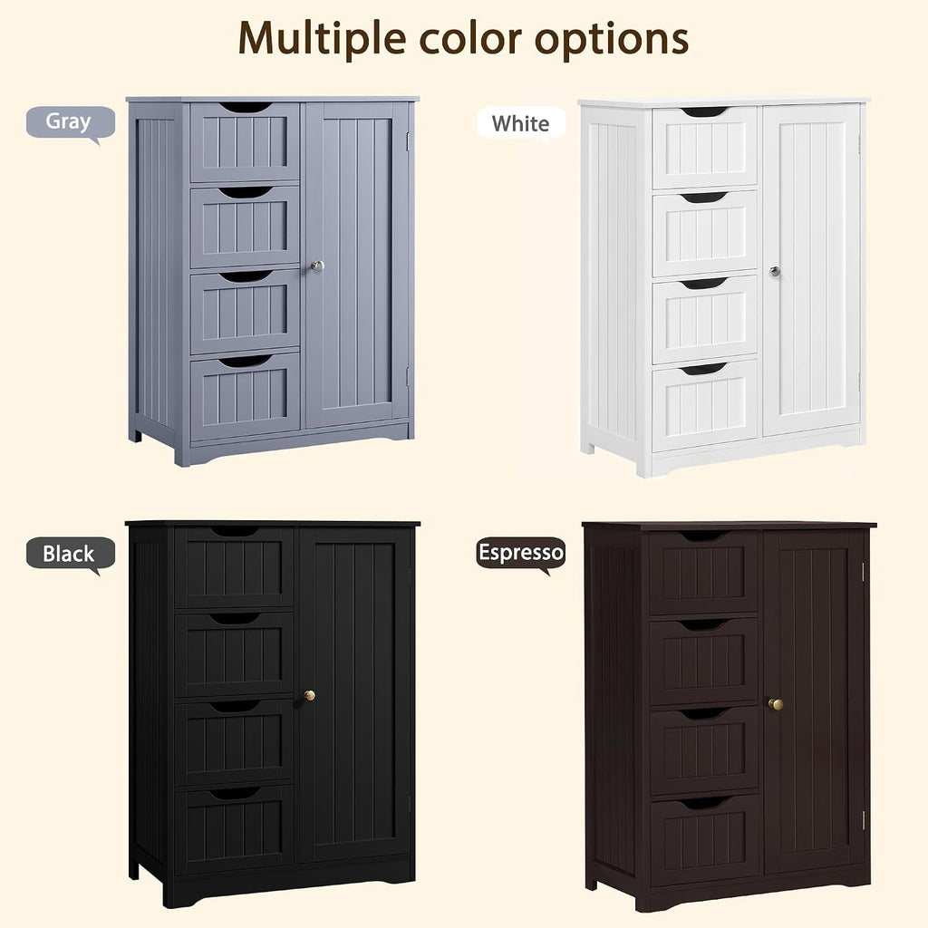 Bathroom Storage Cabinet with 4 Beadboard Drawers and Door, White | Floor Cabinet Hides Towels and Toiletries in