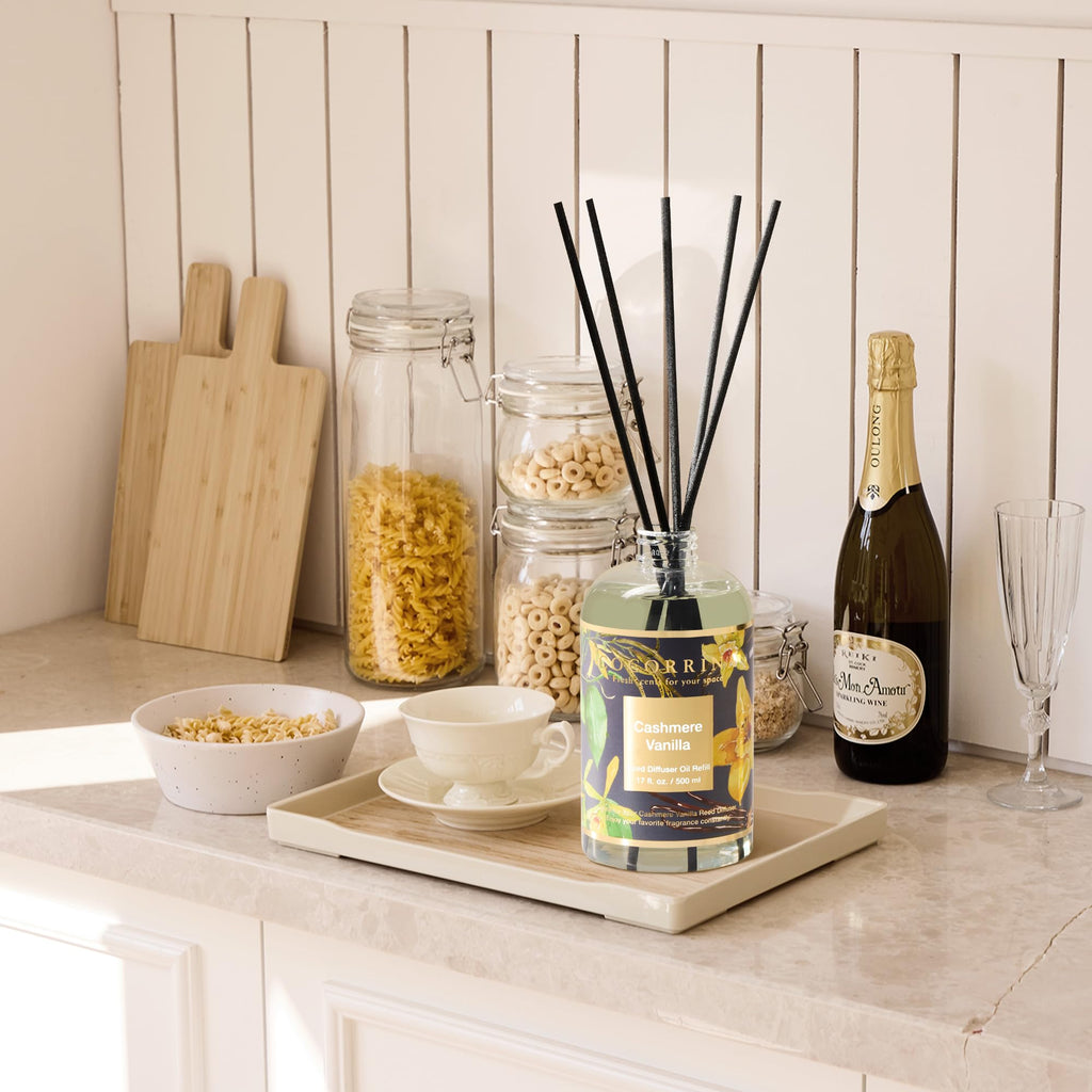 Reed Diffuser Refill Cashmere Vanilla 17oz (500ml) with 8 Rattan Sticks - Premium Long-Lasting Essential Oil, Home