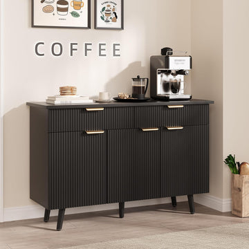 47 Inch Sideboard Buffet Cabinet, Wood Storage Cabinet with 3 Fluted Doors, Adjustable Shelves and 2 Drawers, Coffee