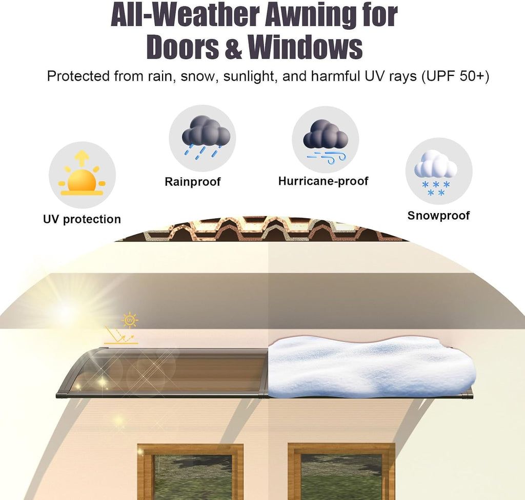 40x60 Window Door Awning Exterior,Polycarbonate Outdoor Overhang Canopy Shelter,UPF 50+ UV Rain Snow Sun