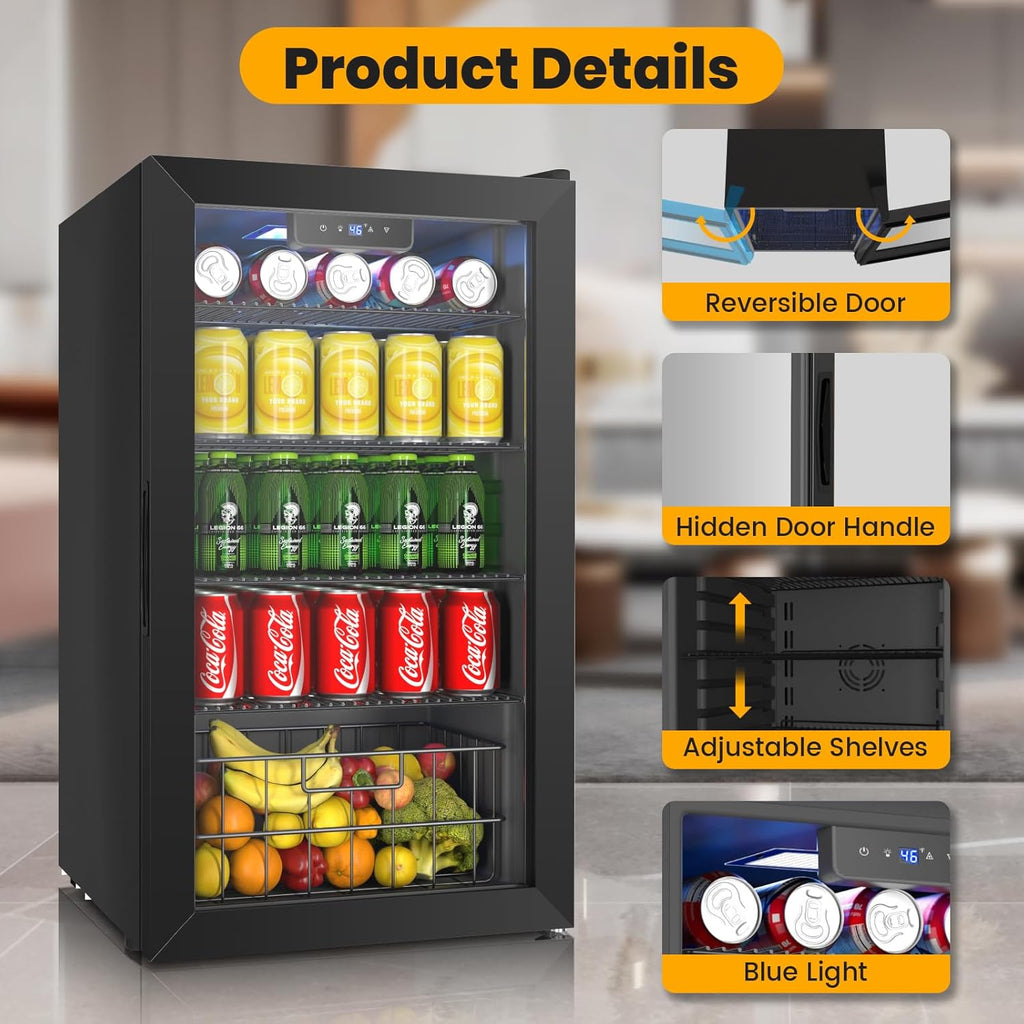Black Mini fridge,116 Can Beverage Refrigerator Cooler,3.2 Cu.Ft Drink Fridge fo