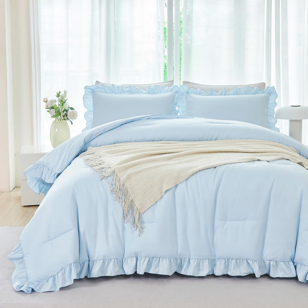 5 Pieces Light Blue Full Bed in A Bag for Kids Girls Ruffle Bedding Sets Boho Comforter Set Vintage Farmhouse Bedding - Set of 5