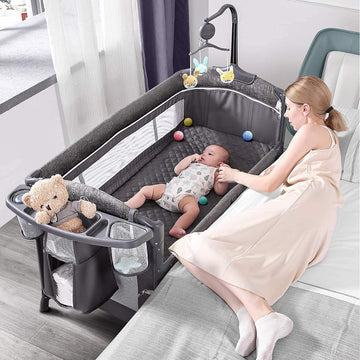 Baby Bassinet Bedside Crib, Play Yard, Diaper Changer, Grey