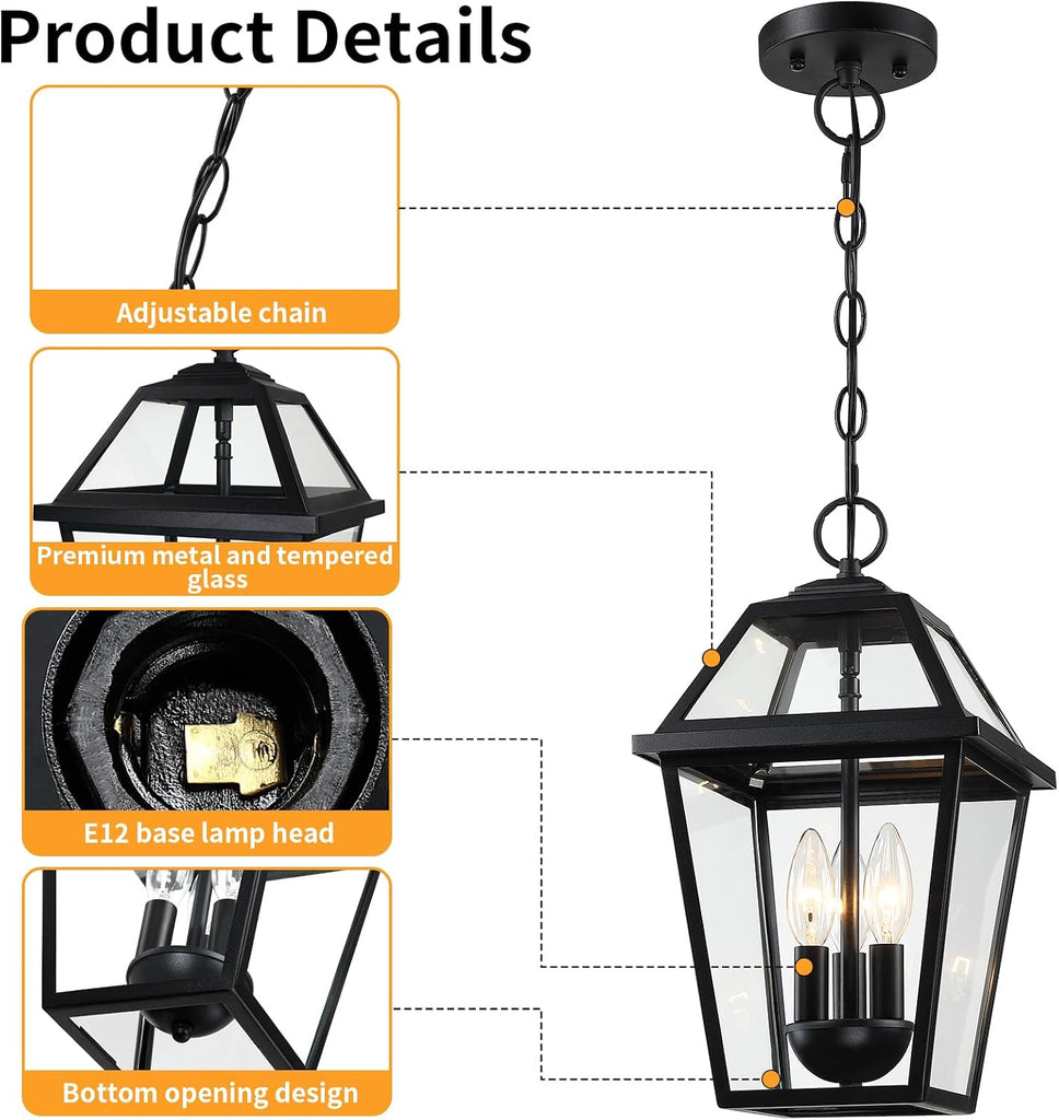 Modern 3-Light Large Outdoor Pendant Light for Porch, 16" Matte Black Exterior Hanging Light Fixture