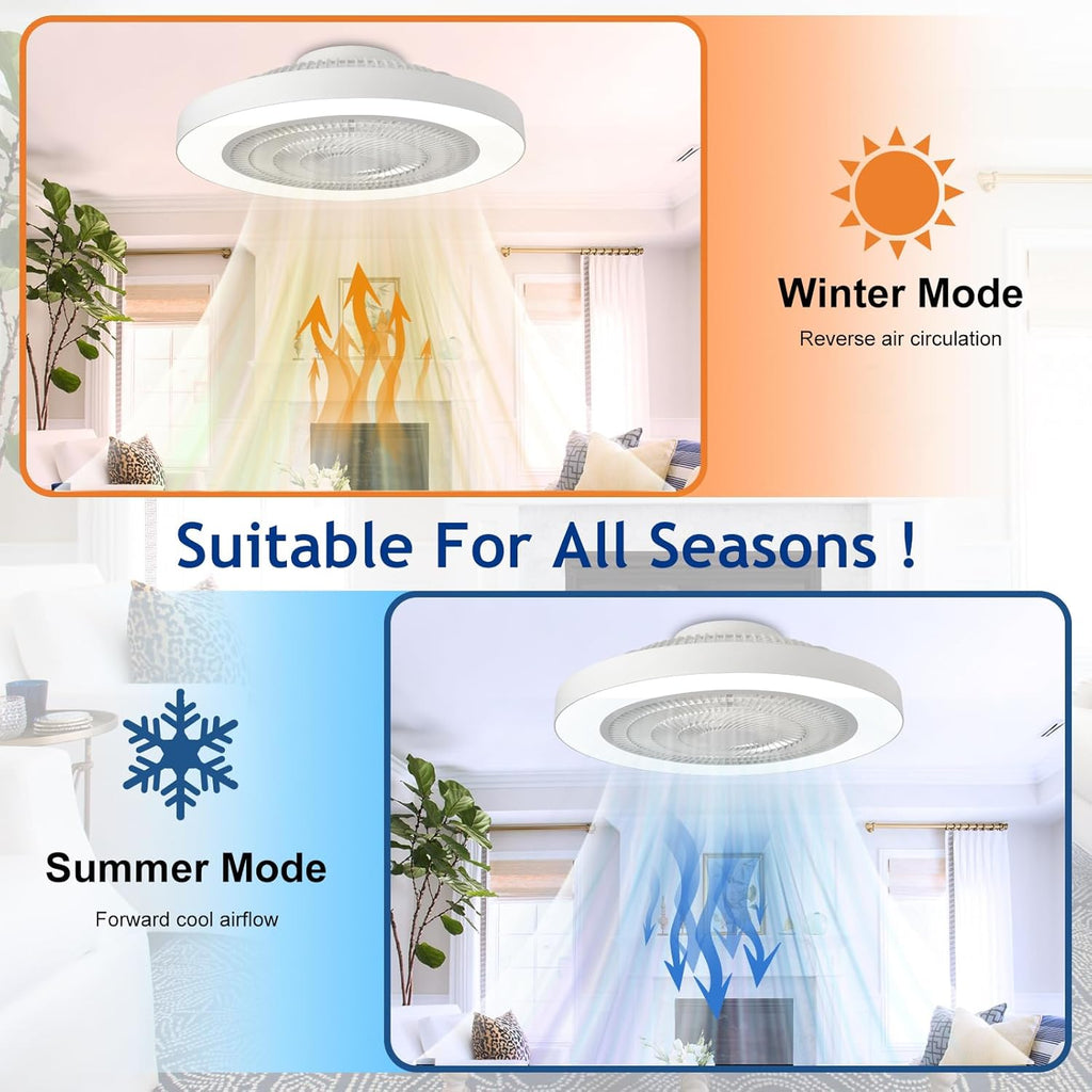 Modern Ceiling Fan with Light: 19" Bladeless Flush Mount Low Profile LED Ceiling Fans with Remote & Smart APP Control