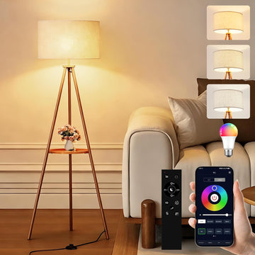 58.3" Mid-Century Tripod Floor Lamp with Shelf, Hidden Wiring, RGB Dimmable Bulb Included, Remote & 