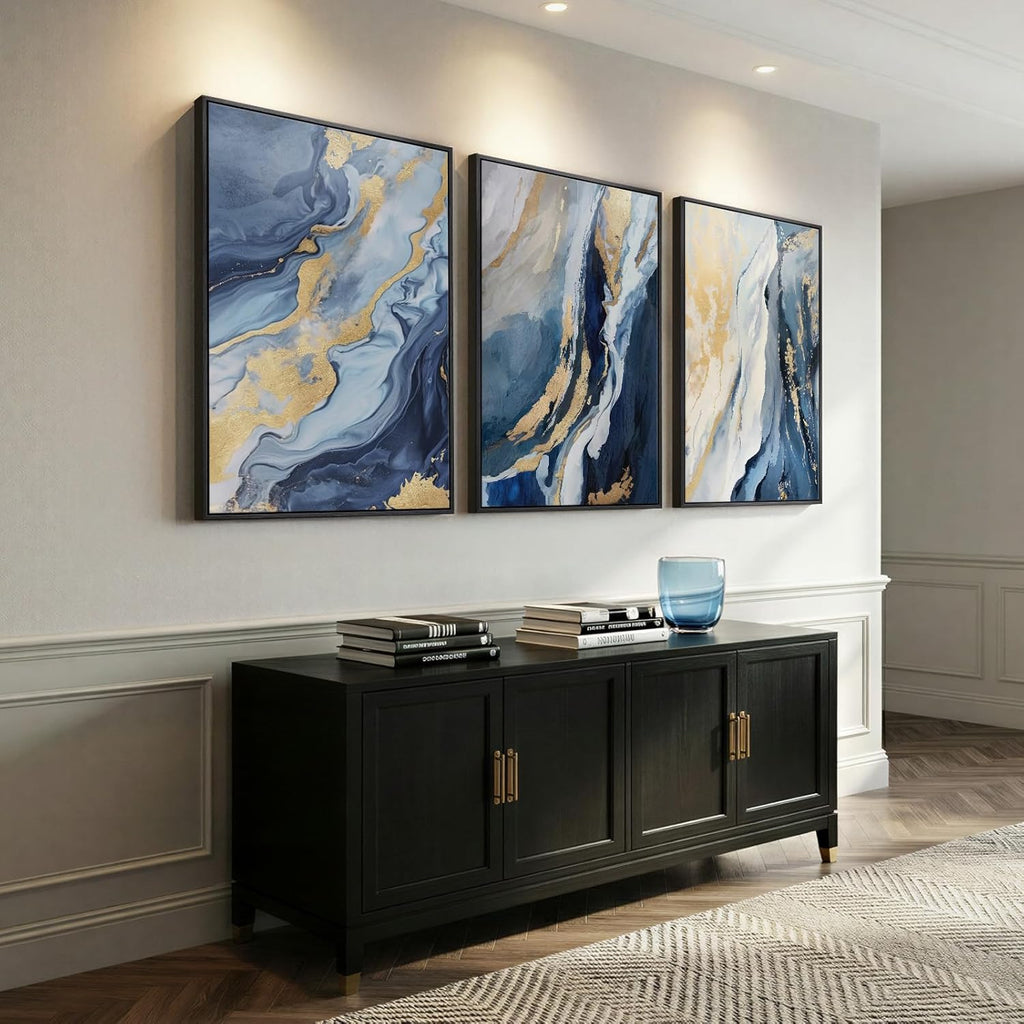 Large Framed Blue and Gold Abstract Wall Art , 3 Piece Modern Canvas Prints Paintings Artwork for Walls, Luxury