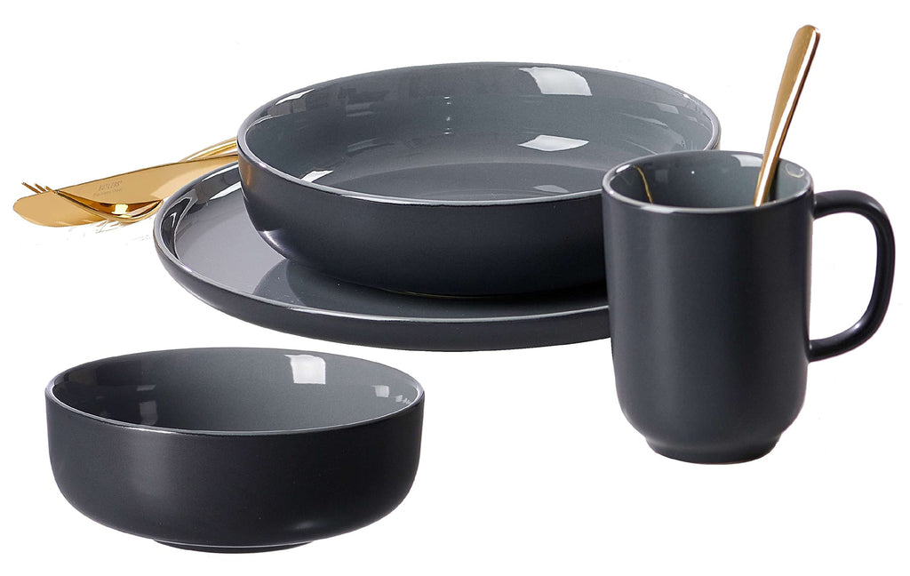 Jasper 16 Piece Black Stoneware Dinner Set Plates Bowls and Cups for 4 People