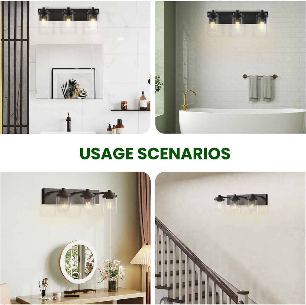 Bathroom Vanity Light, 3-Light Modern Black Vanity Light Fixtures with Clear Glass Shade, 22in Matte Black Bathroom