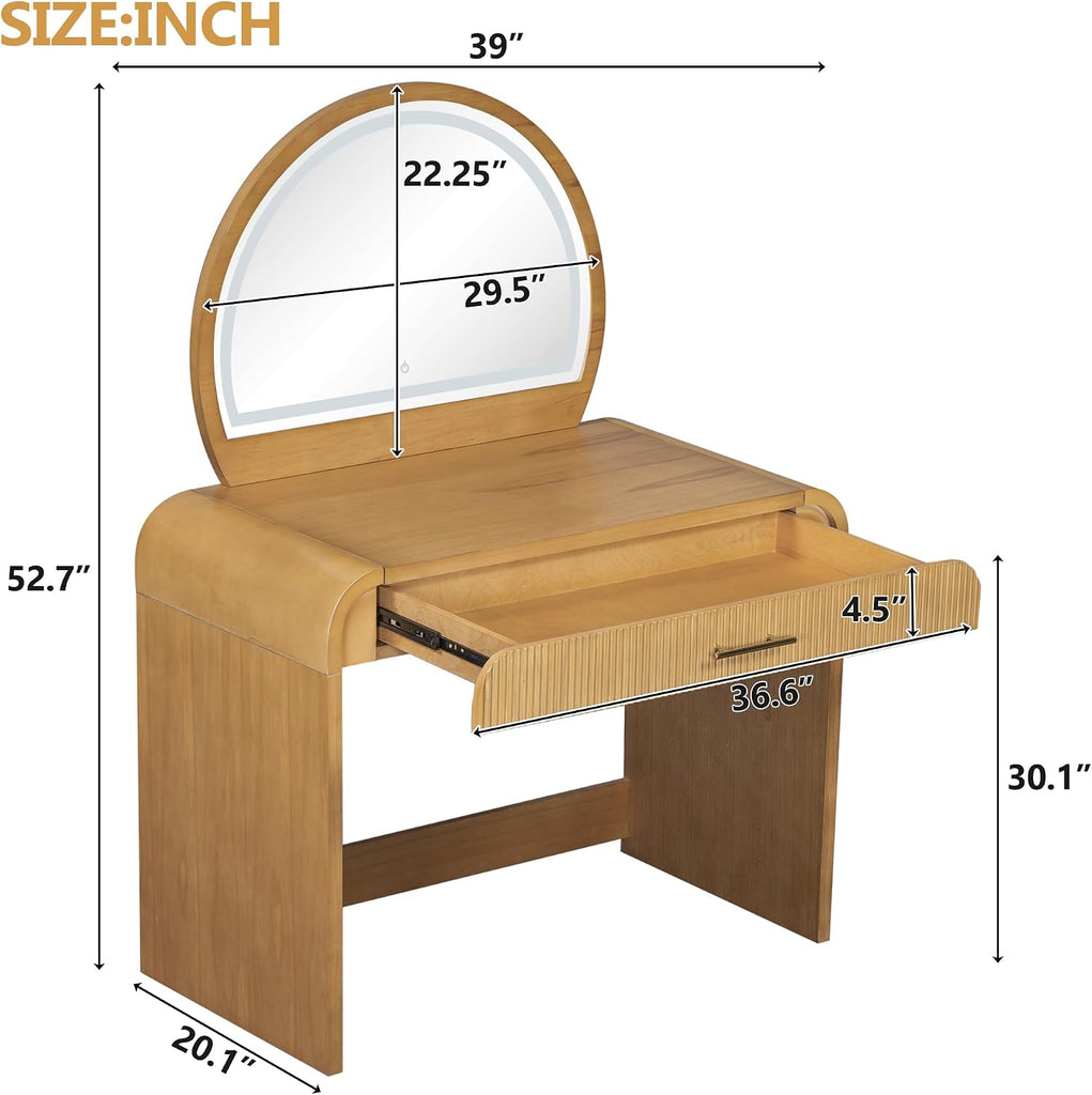 39" Makeup Vanity Table with Touch Screen Lighted Mirror, Rubber Wood Dressing Table with Large Drawer Living Room