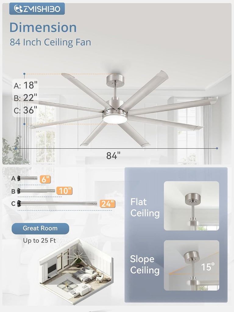 84" Ceiling Fan with LED Light and Remote - Nickel