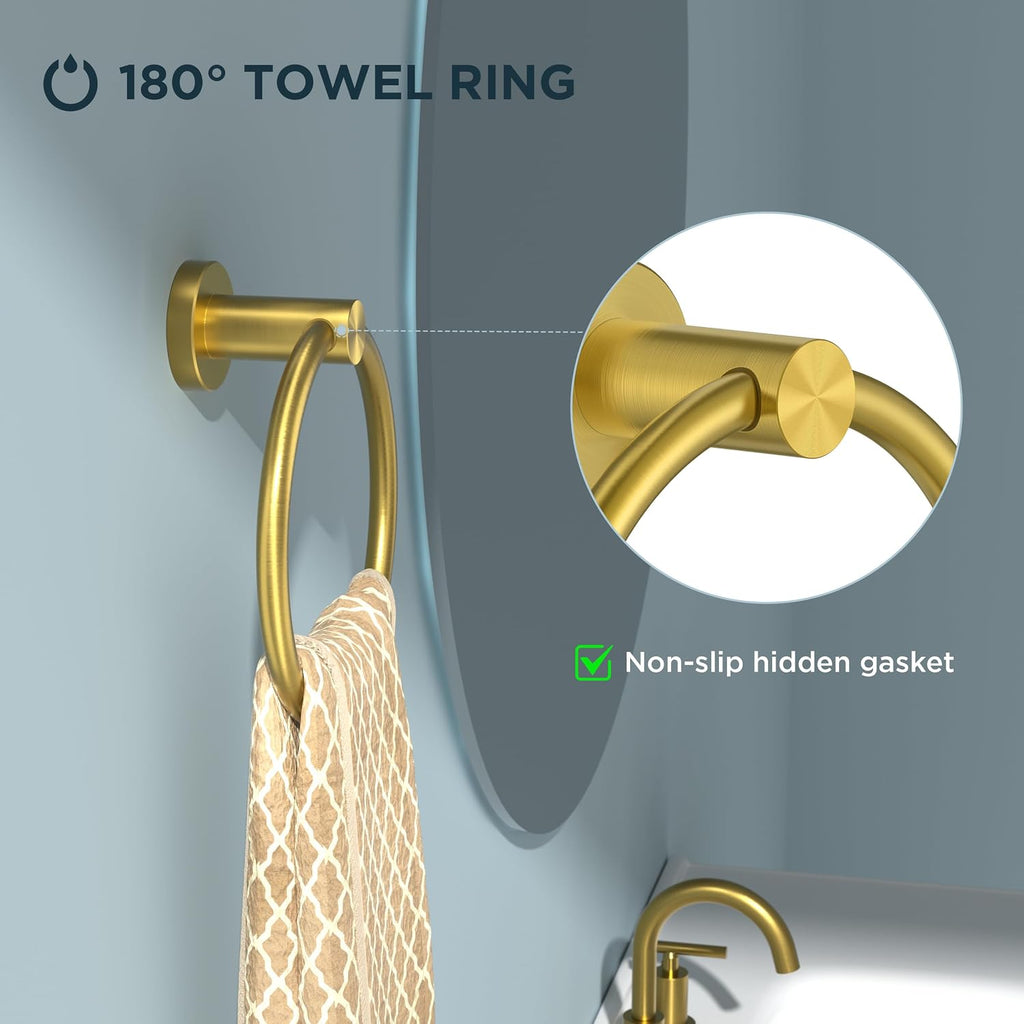 Bathroom Accessories Set, 4-Piece Bathroom Hardware Set | Brushed Gold | SUS304 Stainless Steel Towel Ring, 2 Towel