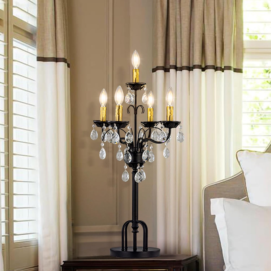 Black Gold Crystal Table Lamp, 5-Light Modern Bedside Lamp, 28" Tall Vintage Desk Lamp, Staircase, E