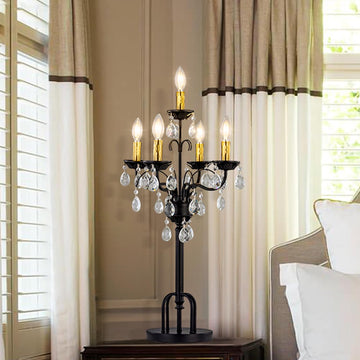 Black Gold Crystal Table Lamp, 5-Light Modern Bedside Lamp, 28" Tall Vintage Desk Lamp, Staircase, E