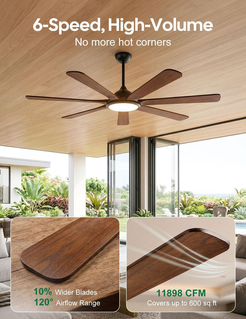 72 inch Smart Wood Ceiling Fan with Large Light, Remote/Alexa/App Control, Farmhouse 7 Solid Walnut Blades