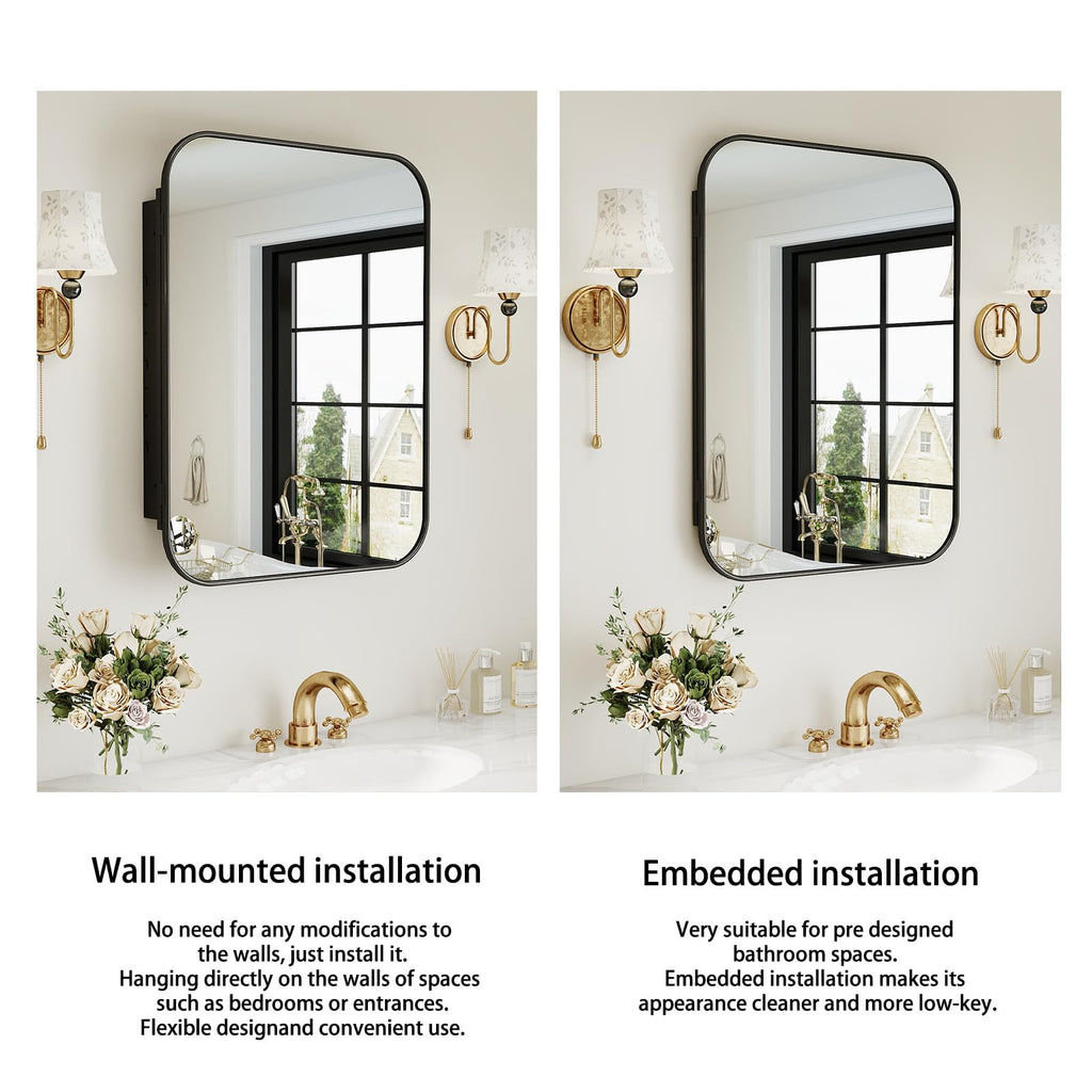 24"x32" Black Bathroom Medicine Cabinet Rounded Rectangle Mirror