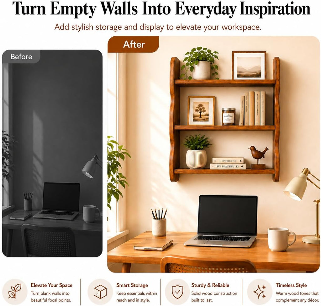 Solid Wood Floating Shelves for Wall, 3 Tier Rustic Vintage Wall Mounted Shelf, Wood Wall Storage Rack, Decorative
