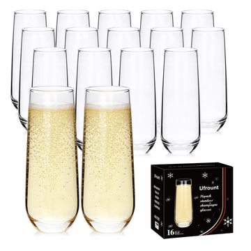 Stemless Champagne Flutes Set of 16, 9.5 oz Champagne Glasses
