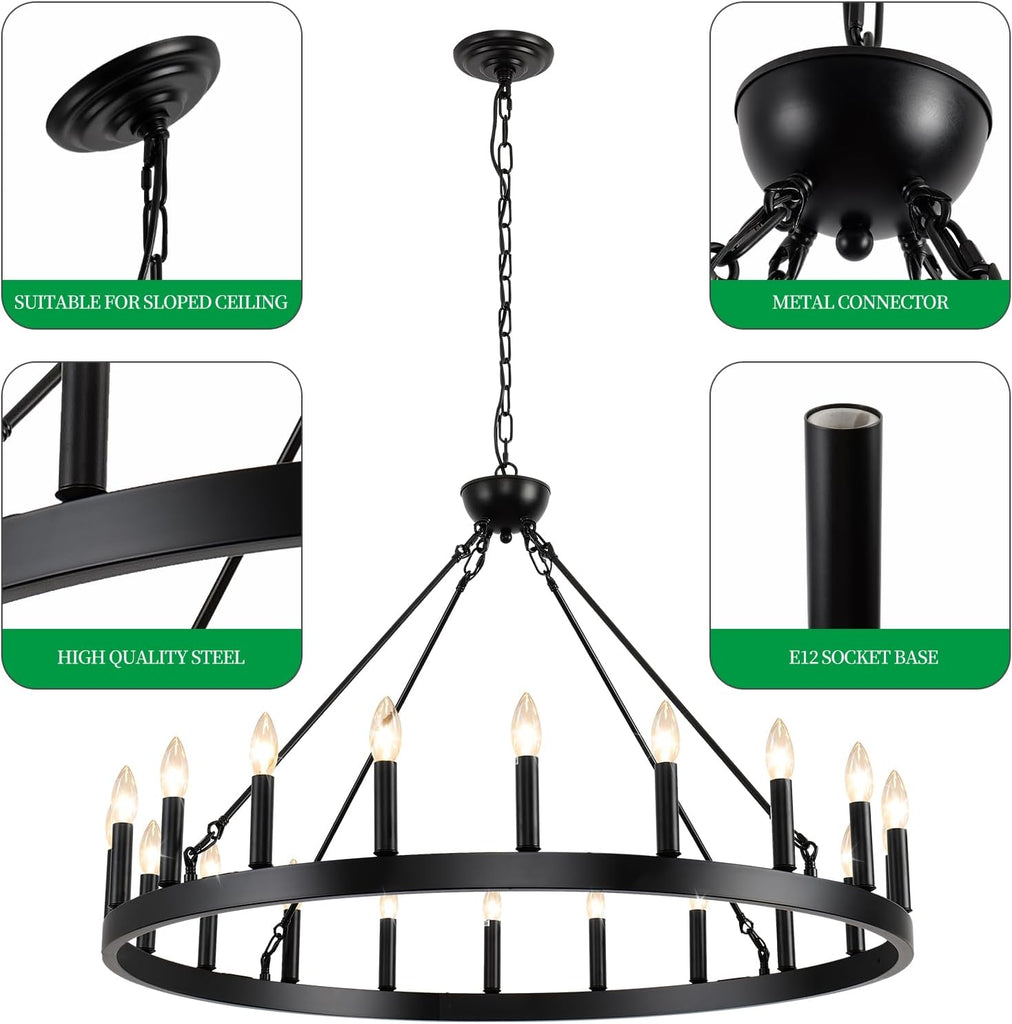 Inspired Camino Style Chandelier - Wagon Wheel Chandeliers 40“ 20-Light, Black Modern Farmhouse Chandelier with Adjustable Height, Hanging Island Light Fixture for Dining Living Ceiling Room Outdoor