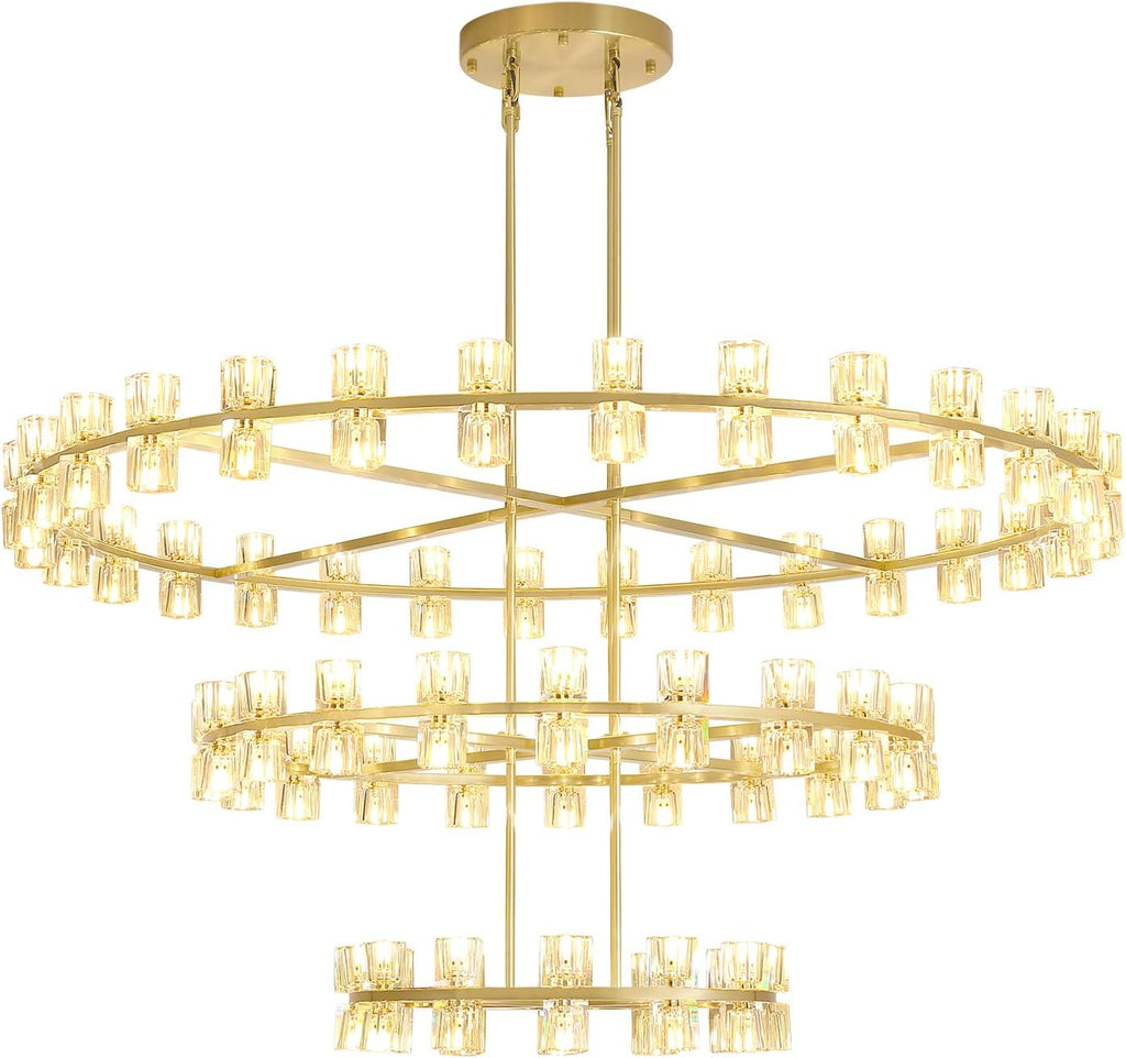 Inspired Arcachon Style 3-Tier Round Wagon Wheel Chandelier, 24" + 40" + 59" 124-Light Gold — Grand Foyer & High Ceilings
