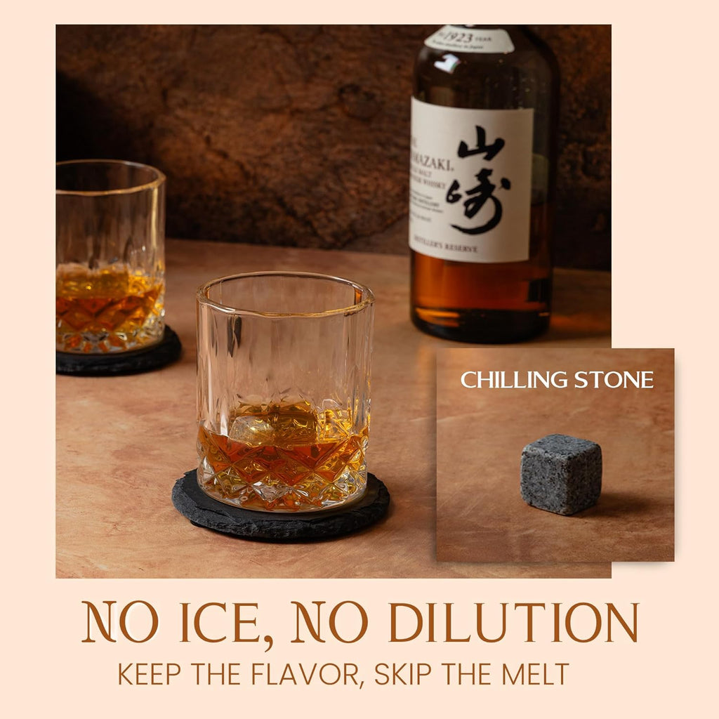 Whiskey Stones Gift Set: with Two 10oz Lead-Free Crystal Whiskey Glasses, 8 Whiskey Stones with Velvet Bag, 2 Slate