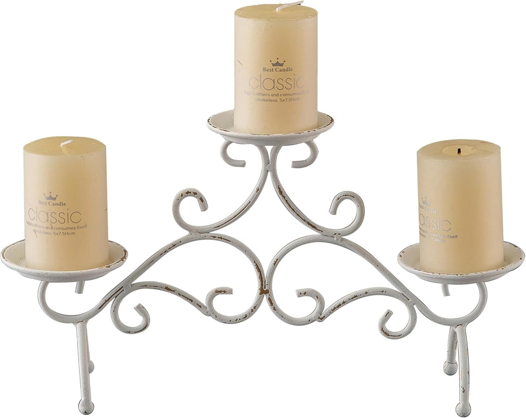 Rustic Fireplace Candelabra Candle Holder, 3 Arm Metal Pillar Candle Holders, Shabby Chic White Candle Holder for