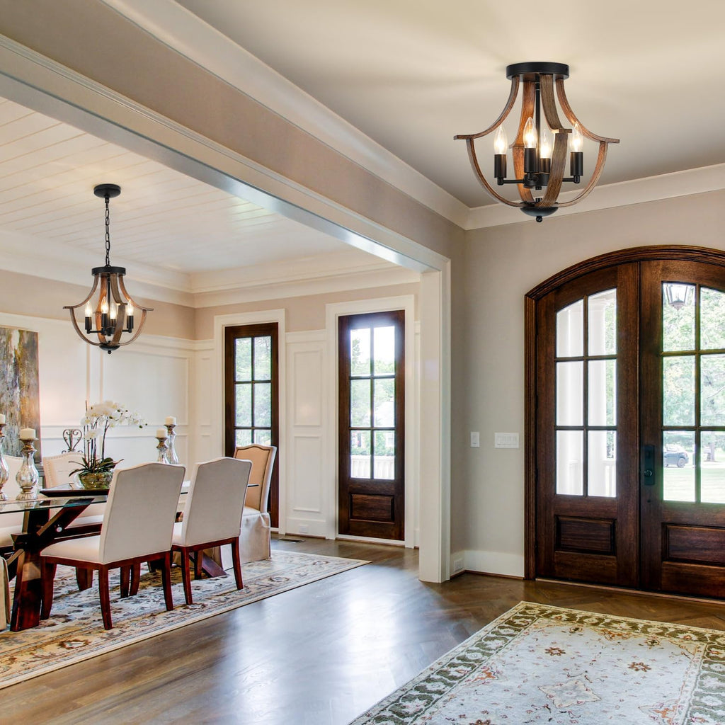 Farmhouse Hanging Pendant Lighting, 4-Light Rustic Flush Mount Ceiling Light Fixture,Modern Faux Wood Vintage