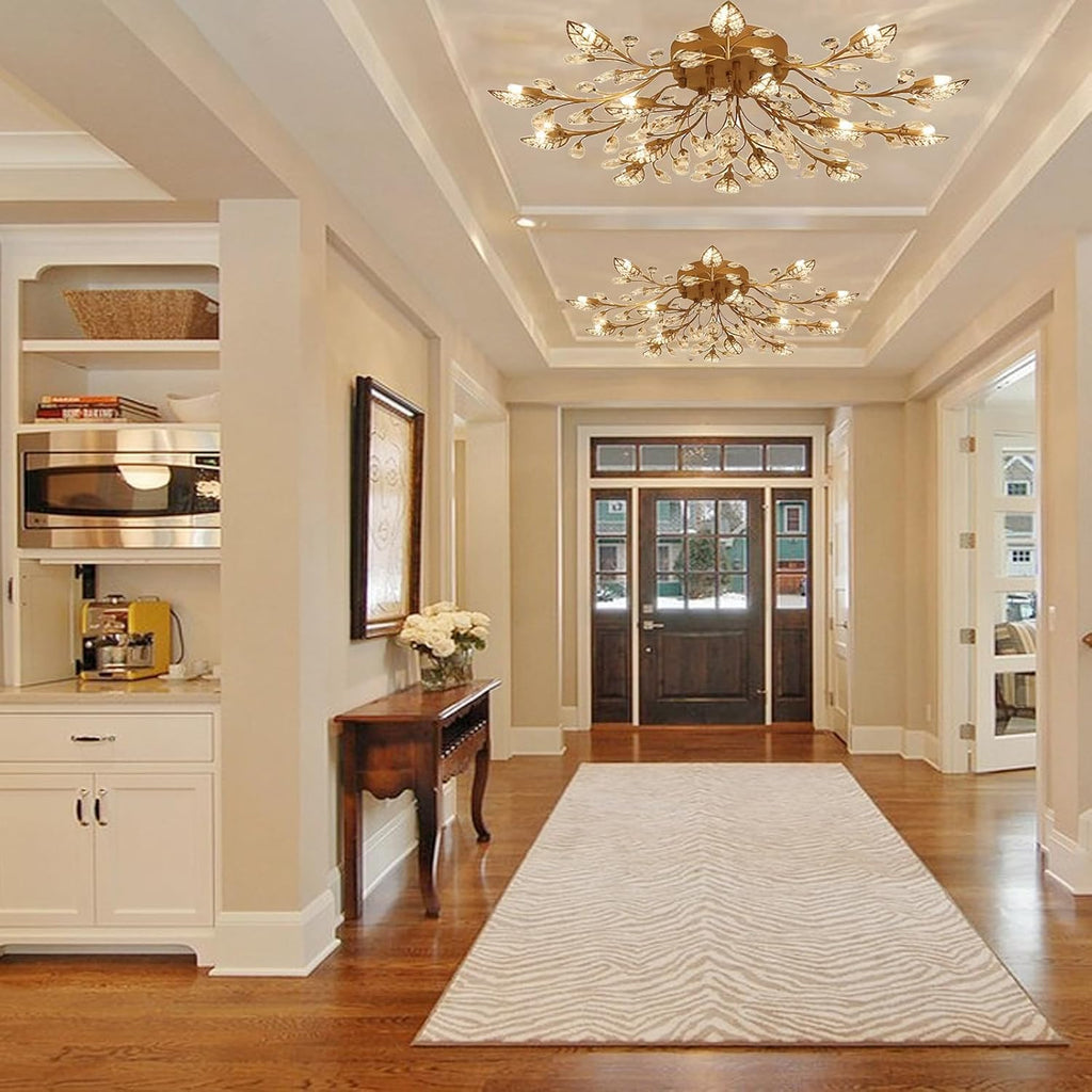 Modern Crystal Ceiling Light Fixture,Gold Semi Flush Mount Chandeliers,Crystal Leaf Ceiling Lighting,Pendent Lamp