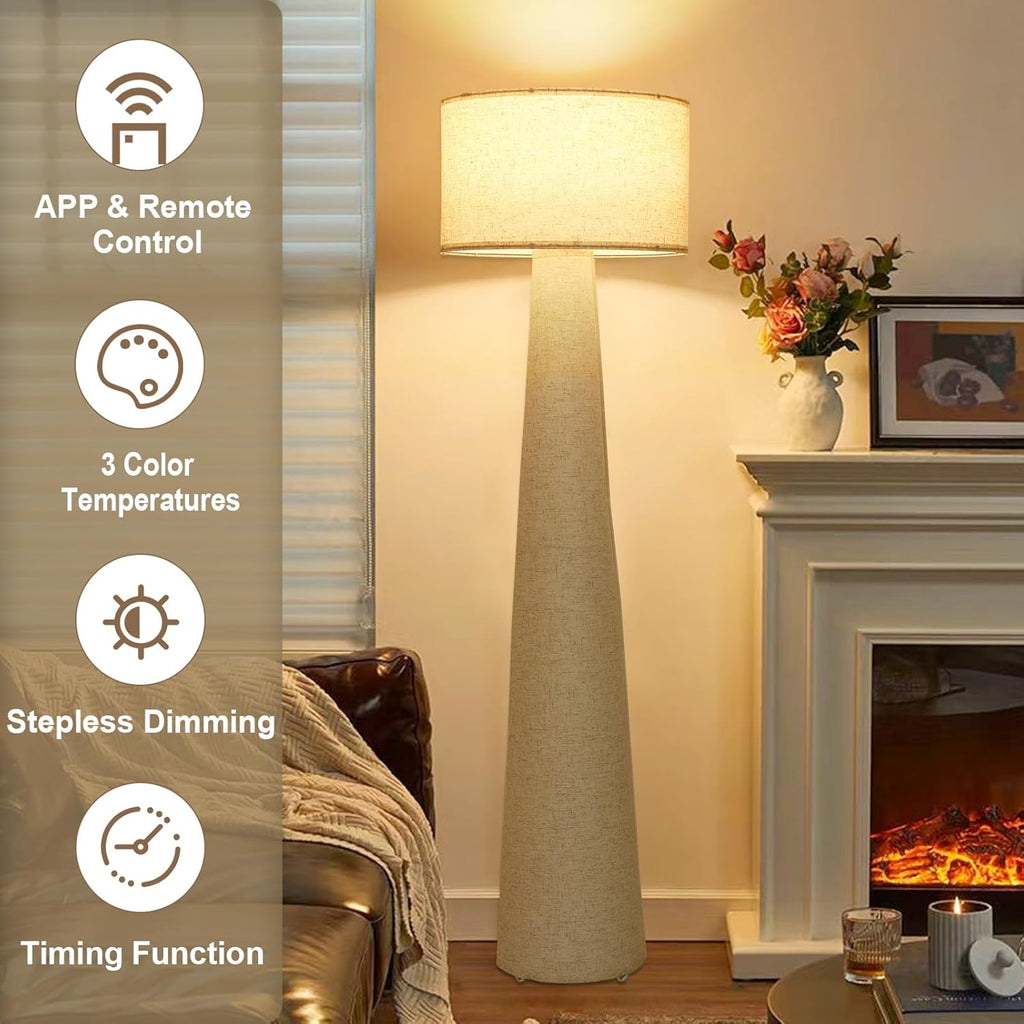 Boho White Floor Lamps, Dimmable Standing Lamp with Remote and Bulb, Mid Century Column Tall Lamp with Fabric Shade