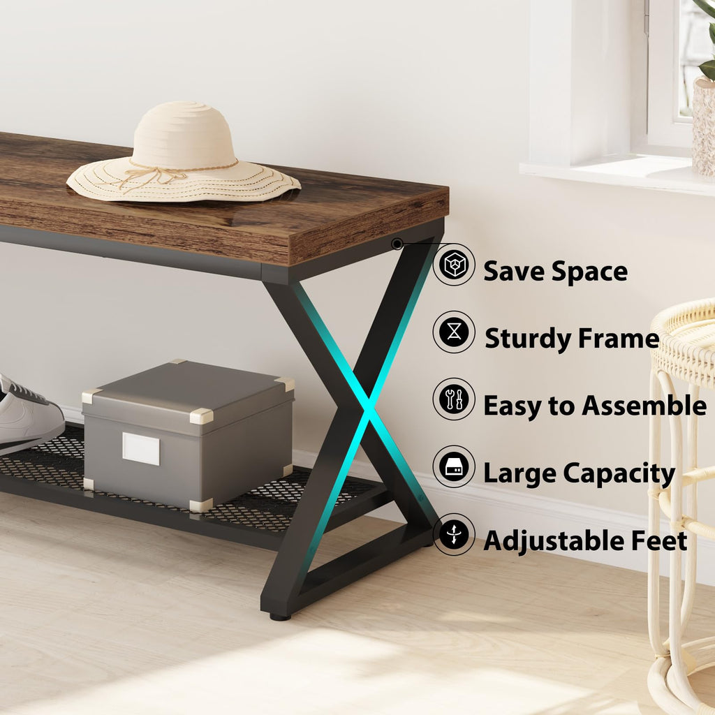 Rustic Brown Entryway Bench, 39" Industrial Shoe Bench with Storage