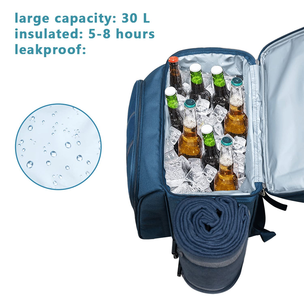 Picnic Basket Backpack for 2 Person with Insulated Leak Proof Cooler Compartment, Wine Holder, Fleece Blanket, Cutlery