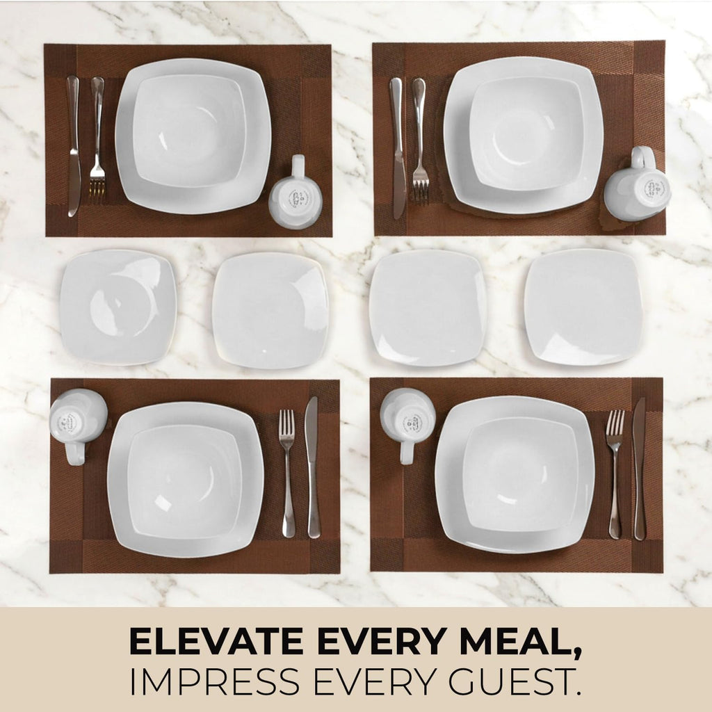 Luna Plates and Bowls Sets, 16 Piece Modern Porcelain Dish Set for 4, Chip and Scratch Resistant Square Dinnerware Set