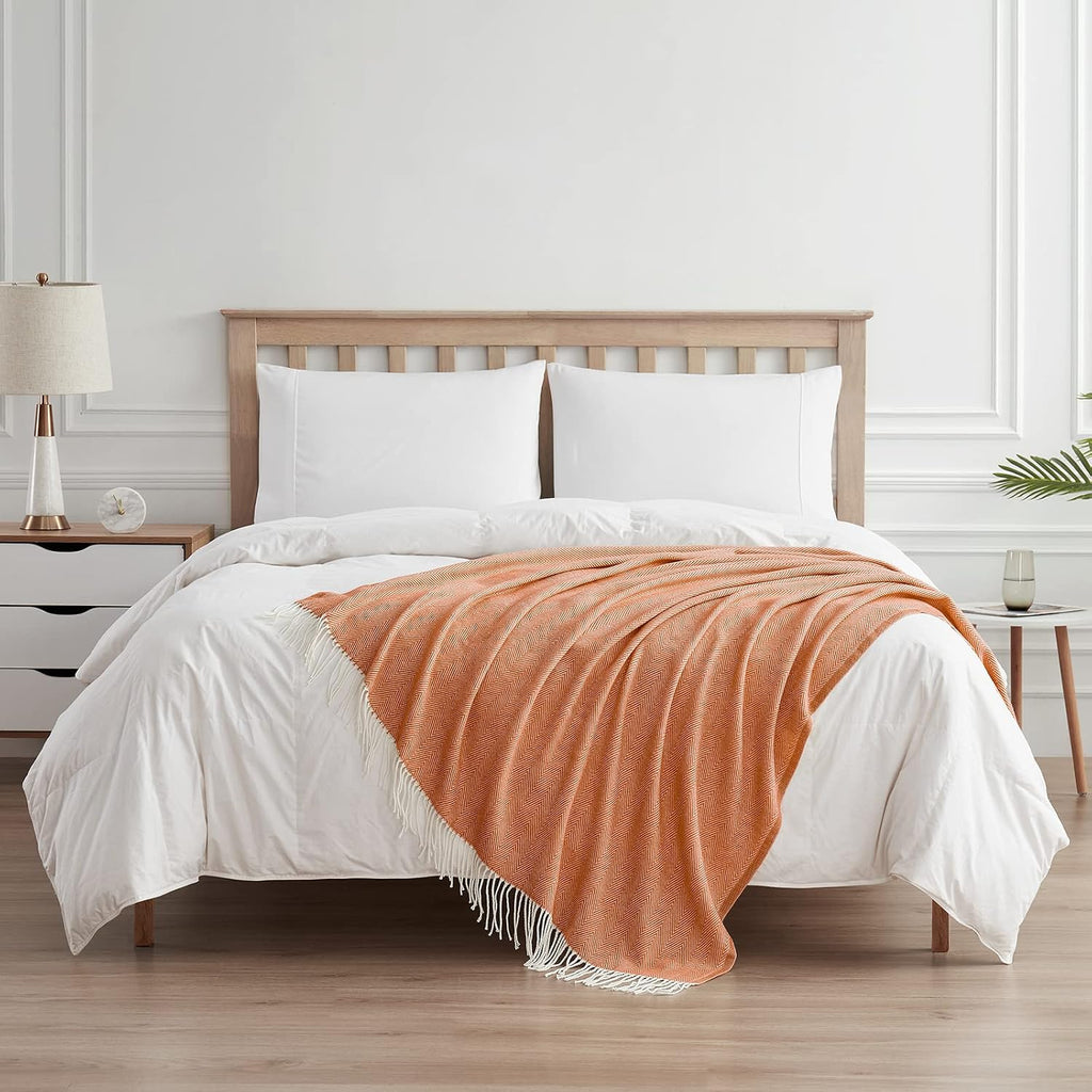 Decorative Herringbone Faux Cashmere Fringe Throw Blanket Lightweight Soft Cozy, 50" x 60" Orange