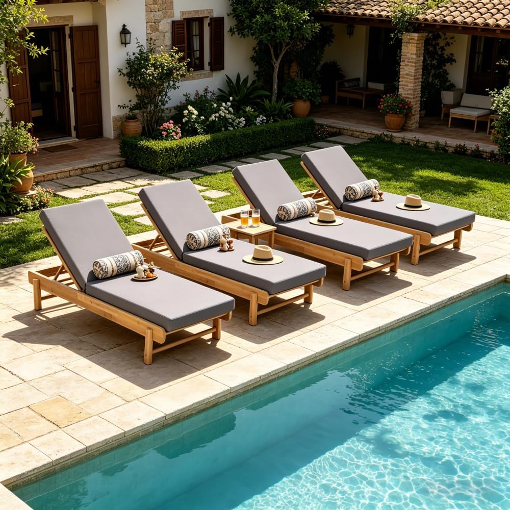 1 PC Acacia Wood Outdoor Chaise Lounge Chair with 2-Fold 4" Thick Water-Resistant Cushion, 3-Position Adjustable